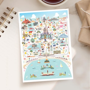 May include: A colorful illustrated map of a theme park with a large castle in the center. The map includes various attractions, shops, and restaurants. The park is surrounded by a blue lake with islands and boats.