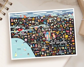Puede incluir: Un mapa ilustrado colorido de Los Ángeles, California. El mapa presenta puntos de referencia, vecindarios y símbolos icónicos de la ciudad. El mapa está sobre un fondo negro con texto blanco que dice "Los Ángeles, The City of Angels".