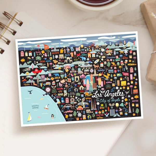 LOS ANGELES CA 5x7 Postcard | City Map Art Los Angeles California | City Series | Whimsical Illustration | Night Version