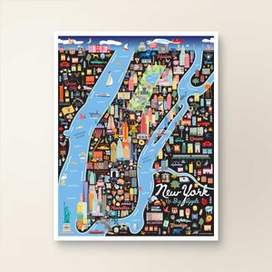 NEW YORK NYC | Manhattan | Der große Apfel | Karte Kunst Wand Dekor | Stadt Karte | Kunstdruck POSTER | Skurrile Illustration | Nacht Version