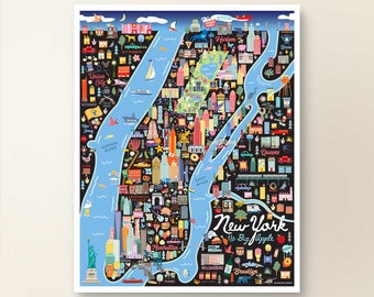 NEW YORK NYC | Manhattan | The Big Apple | Map Art Wall Decor | City Map | Art Print Poster | Whimsical Illustration | Night Version