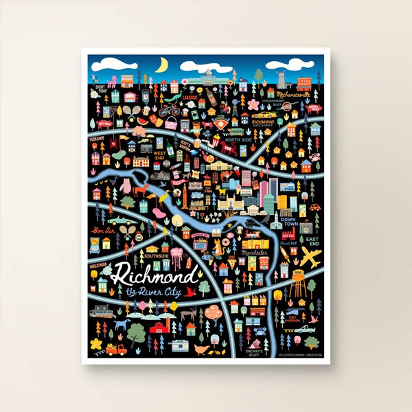 RICHMOND VA | Muurdecoratie kaartkunst | Stadsplan Richmond, Virginia | Poster kunstafdruk | Grillige illustratie | Nachtversie:
