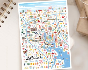 BALTIMORE MD 5x7 Postcard | City Map Art Baltimore Maryland | City Series | Whimsical Illustration | Day Version