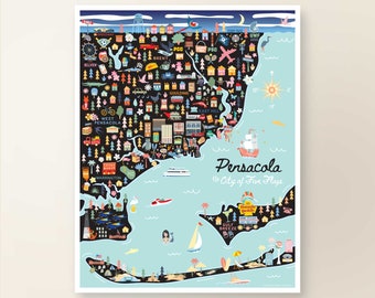 PENSACOLA FL | Map Art Wall Decor | City Map Pensacola Florida | Art Print Poster | Whimsical Illustration | Night Version