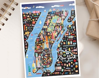 NEW YORK NYC 5x7 Postcard | City Map Art New York City | City Series | Whimsical Illustration | Night Version