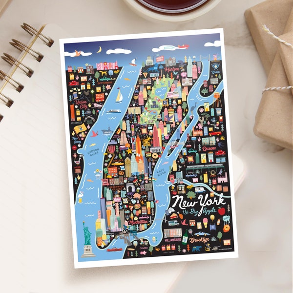 NEW YORK NYC 5x7 Postcard | City Map Art New York City | City Series | Whimsical Illustration | Night Version