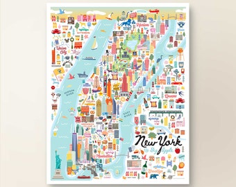 NEW YORK NYC | Manhattan | The Big Apple | Map Art Wall Decor | City Map New York | Art Print Poster | Whimsical Illustration | Day Version