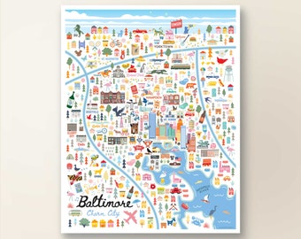 May include: A colourful illustrated map of Baltimore, Maryland, featuring landmarks and neighbourhoods, including Hampden, Towson, and Yorktown. The map includes a variety of icons and illustrations, such as houses, cars, and trees. The text "Baltimore Charm City" is featured at the bottom of the map.