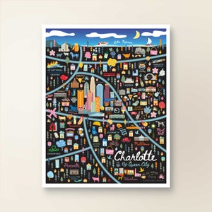 CHARLOTTE NC Map Art Wall Decor | City Map Charlotte North Carolina | Art Print Poster | Whimsical Illustration | Night Version