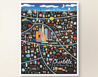 CHARLOTTE NC Map Art Wall Decor | City Map Charlotte North Carolina | Art Print Poster | Whimsical Illustration | Night Version