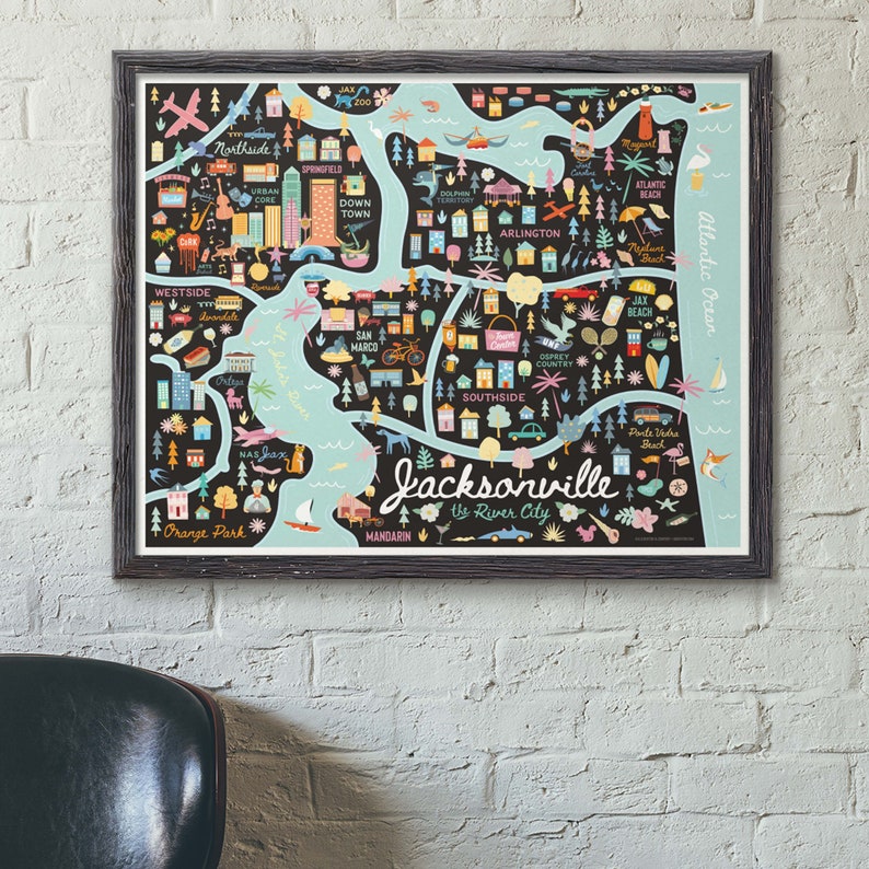 JACKSONVILLE FL Map Art Wall Decor City Map Jacksonville Florida Art Print Poster Whimsical Illustration Night Version image 7