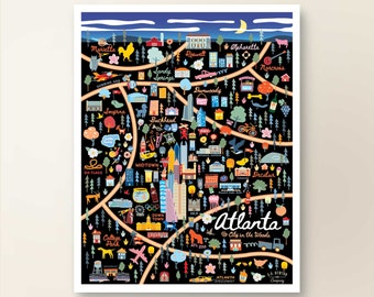 Decoración de pared con el mapa de Atlanta, Georgia / Mapa de la ciudad de Atlanta, Georgia / Póster con impresión artística / Ilustración caprichosa / Versión nocturna