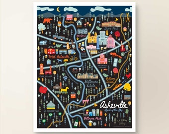 ASHEVILLE NC Map Art Wall Decor | City Map Asheville North Carolina | Art Print Poster | Whimsical Illustration | Night Version