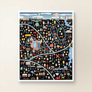 Décoration murale artistique de carte de NASHVILLE, TN | Plan de la ville de Nashville, Tennessee | Affiche imprimée d'art | Illustration fantaisiste | Version nuit