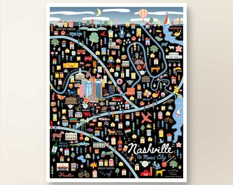 NASHVILLE TN Map Art Wall Decor | City Map Nashville Tennessee | Art Print Poster | Whimsical Illustration | Night Version
