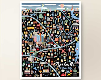 NASHVILLE TN Map Art Wall Decor | City Map Nashville Tennessee | Art Print Poster | Whimsical Illustration | Night Version