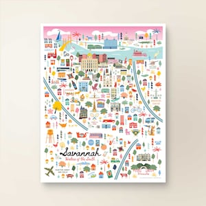 Decoración de pared con mapa de SAVANNAH, GA / Mapa de la ciudad de Savannah, Georgia / Póster con impresión artística / Ilustración caprichosa / Versión diurna