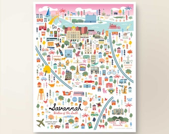 SAVANNAH GA Map Art Wall Decor | City Map Savannah Georgia | Art Print Poster | Whimsical Illustration | Day Version