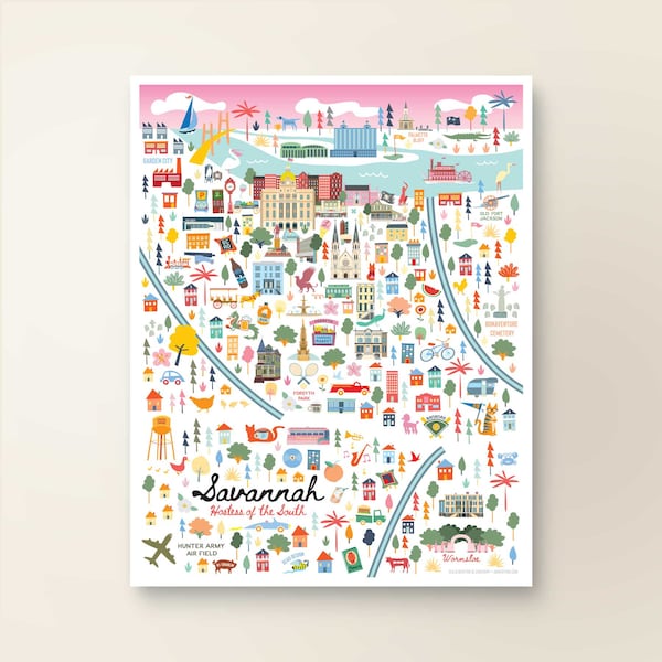 SAVANNAH GA Map Art Wall Decor | City Map Savannah Georgia | Art Print Poster | Whimsical Illustration | Day Version