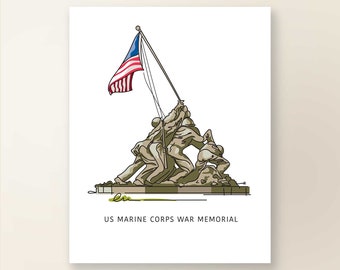 MARINE CORPS War Memorial | Art Wall Decor | Washington D.C. Iconic Landmark Series | Poster Print | Sketch Illustration