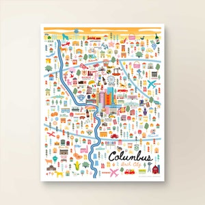 Décoration murale d'art carte COLUMBUS OH | Plan de la ville de Columbus, Ohio | Affiche imprimée d'art | Illustration fantaisiste | Version jour