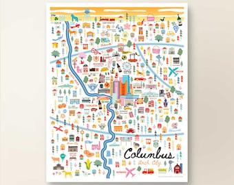 COLUMBUS OH Karte Kunst Wand-Dekor | Stadt Karte Columbus Ohio | Kunstdruck Poster | Wunderliche Illustration | Tagesversion