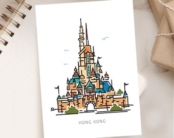 Princess Castle HONG KONG Postcard | Kingdom Graphic Line Art Print Collection | Girls Room | Nursery Baby Room Decor | Theme Park Series