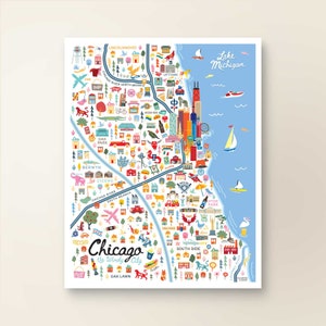 CHICAGO IL Map Art Wall Decor | City Map Chicago Illinois | Chicago Art Print Poster | Whimsical Illustration | Day Version