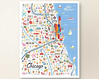 CHICAGO IL Map Art Wall Decor | City Map Chicago Illinois | Chicago Art Print Poster | Whimsical Illustration | Day Version