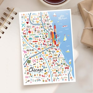 CHICAGO IL 5x7 Postcard | City Map Art Chicago Illinois  | City Series | Whimsical Illustration | Day Version