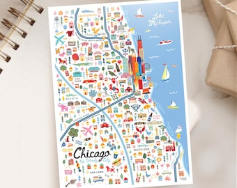 CHICAGO IL 5x7 Postcard | City Map Art Chicago Illinois  | City Series | Whimsical Illustration | Day Version