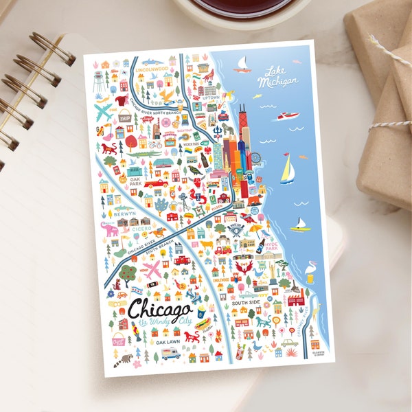 CHICAGO IL 5x7 Postcard | City Map Art Chicago Illinois  | City Series | Whimsical Illustration | Day Version