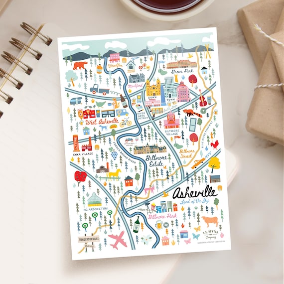 ASHEVILLE NC 5x7 Postcard | City Map Art Asheville North Carolina | City Series | Whimsical Illustration | Day Version