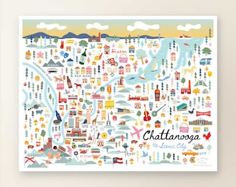 CHATTANOOGA TN Map Art Wall Decor | City Map Chattanooga Tennessee | Art Print Poster | Whimsical Illustration | Day Version