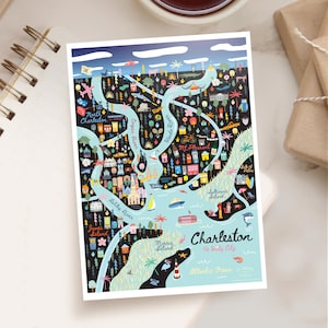 CHARLESTON SC 5x7 Postcard | City Map Art Charleston South Carolina | City Series | Whimsical Illustration | Night Version