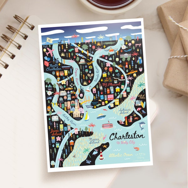 CHARLESTON SC 5x7 Postcard | City Map Art Charleston South Carolina | City Series | Whimsical Illustration | Night Version