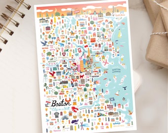 BOSTON MA 5x7 Postcard | Montage City Series | Celebrate City of Boston Massachusetts | Whimsical Illustration