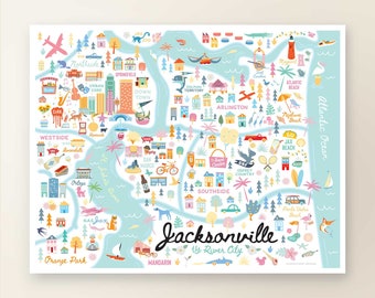 JACKSONVILLE FL Map Art Wall Decor | City Map Jacksonville Florida | Art Print Poster | Whimsical Illustration | Day Version