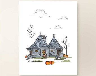 May include: Line art illustration of a building with two conical roofs, gray walls, and a chimney. The image includes pumpkins, bare trees, and clouds. The style is minimalist with black outlines and a white background.