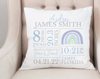Birth announcement stats pillow, Personalized name rainbow pillow baby boy, New baby mom gift, Mother's day gift, Custom pillow nursery