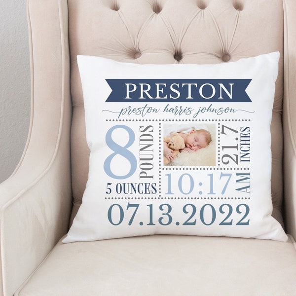 Birth announcement stats pillow, Personalized name photo pillow for baby, New baby mom gift, Mother's day gift, Custom pillow nursery decor