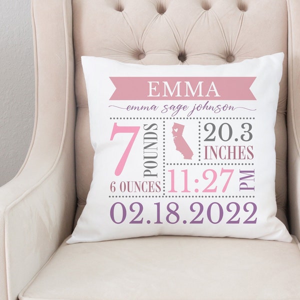 Birth announcement stats pillow, Personalized name pillow for baby, New baby mom gift, Mother's day gift, Custom pillow nursery decor