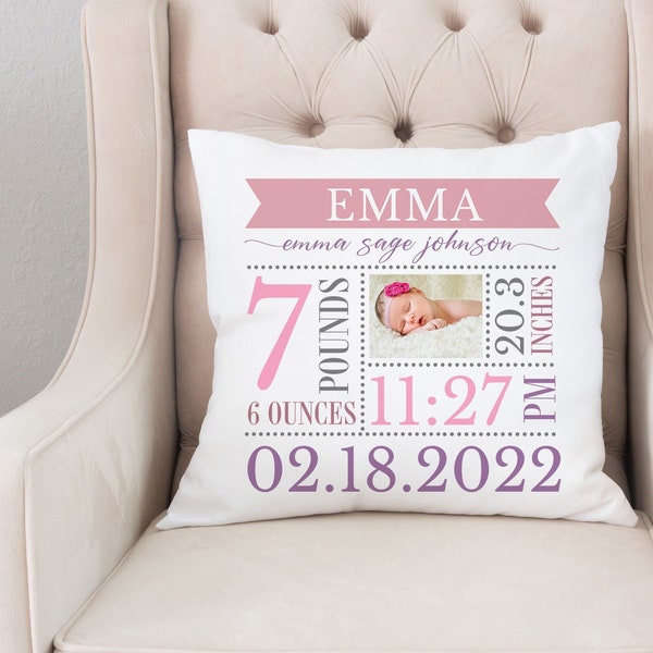 Birth announcement stats pillow, Personalized name photo pillow for baby, New baby mom gift, Mother's day gift, Custom pillow nursery decor