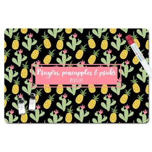 May include: Black dry erase board with a pineapple and cactus pattern. The board has a pink rectangle with the text "Prayers, pineapples & pricks #IVFLIFE".