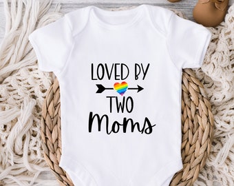 Baby bodysuit, Two moms lesbian gay LGBTQ pride gift, Adoption Adopted, Birth announcement, IVF, Outfit romper, Rainbow, Shower, Loved