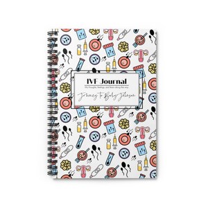 May include: A white spiral bound journal with a colorful pattern of IVF related icons. The cover text reads "IVF Journal" and "Journey to Baby Johnson".