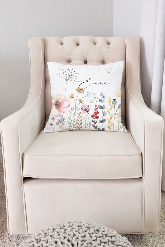 Personalized baby name pillow, Custom name pillow, Wildflowers flower butterfly nursery decor, Baby girl crib sheets, Baby shower gift