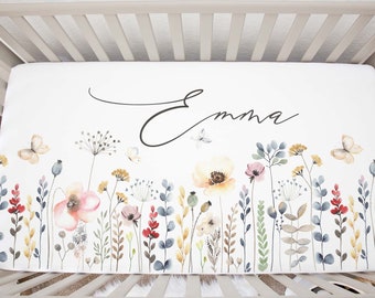 Personalized Baby Name Crib Sheet, Wild Flower Flowers Butterfly Crib Sheet, Fitted Sheet, Nursery Decor, Floral Nursery, Baby Shower Gift
