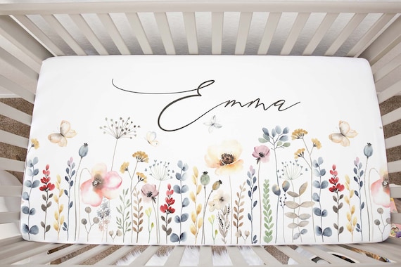 Personalized Baby Name Crib Sheet, Wild Flower Flowers Butterfly Crib Sheet, Fitted Sheet, Nursery Decor, Floral Nursery, Baby Shower Gift