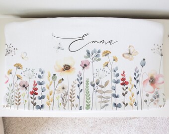 Baby name wild flowers changing pad cover, Personalized custom changing table, Floral nursery, Baby bedding sheet, Baby girl shower gift